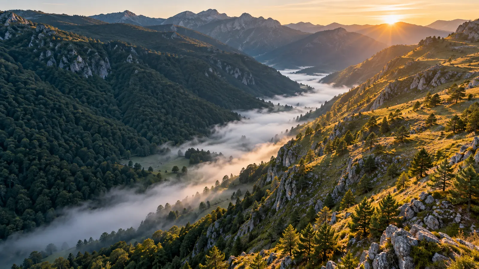 Valle de montaña al amanecer visto desde lo alto: la ladera de umbría cubierta de hayedo en sombra, la solana con pinos dispersos al sol y un banco de niebla en el fondo del valle.
