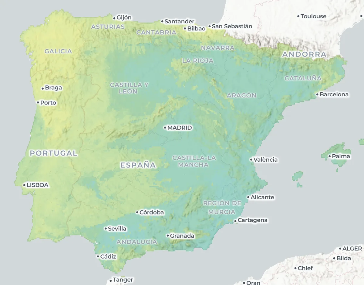 Capa de pH del suelo del visor de sporas.io sobre la Península: el oeste (Galicia, Portugal, Sistema Central, Extremadura) en amarillo, suelos ácidos; el este y las grandes cuencas en azul verdoso, suelos neutros y básicos.