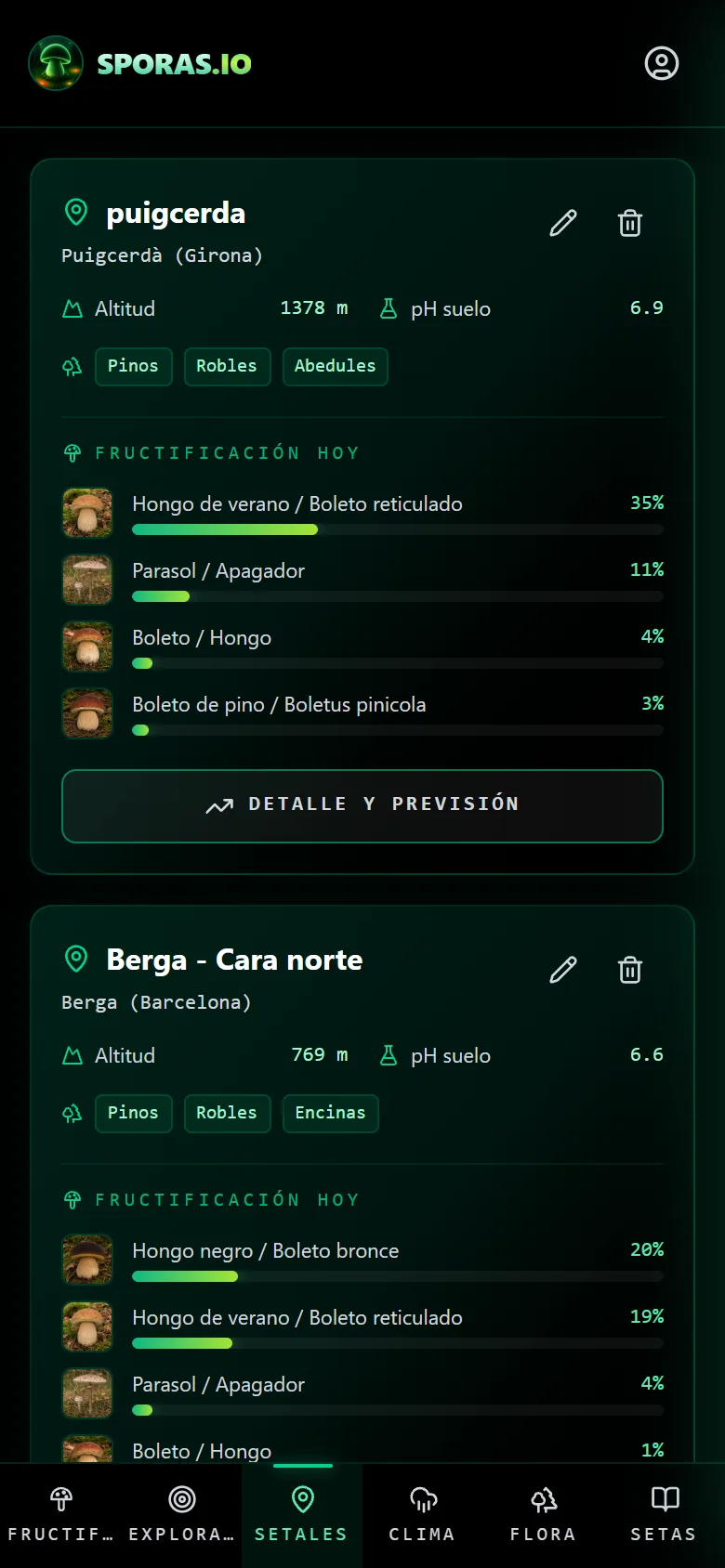 Dos tarjetas de setal en el móvil, cada una con su altitud, el pH del suelo, las etiquetas de arbolado y las barras de probabilidad de fructificación de hoy por especie