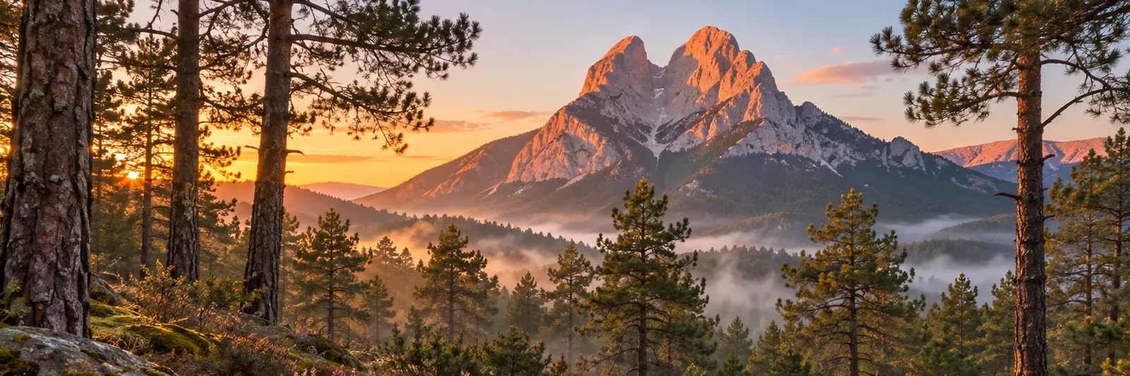 Pinar del Berguedà al amanecer con brezo en flor, y el Pedraforca encendido de naranja sobre la niebla del valle.