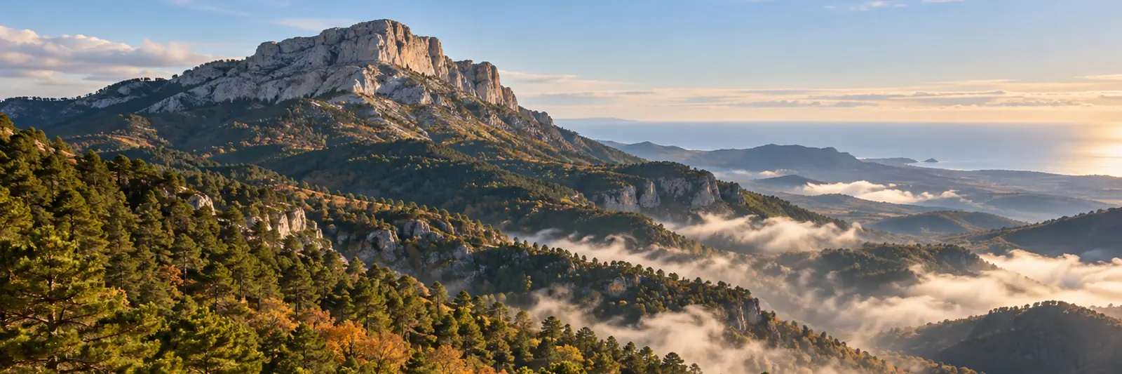 Pinar de negral y albar con rebollos dorados en las laderas del Penyagolosa, bajo el farallón calizo de la cumbre y con niebla en los valles.