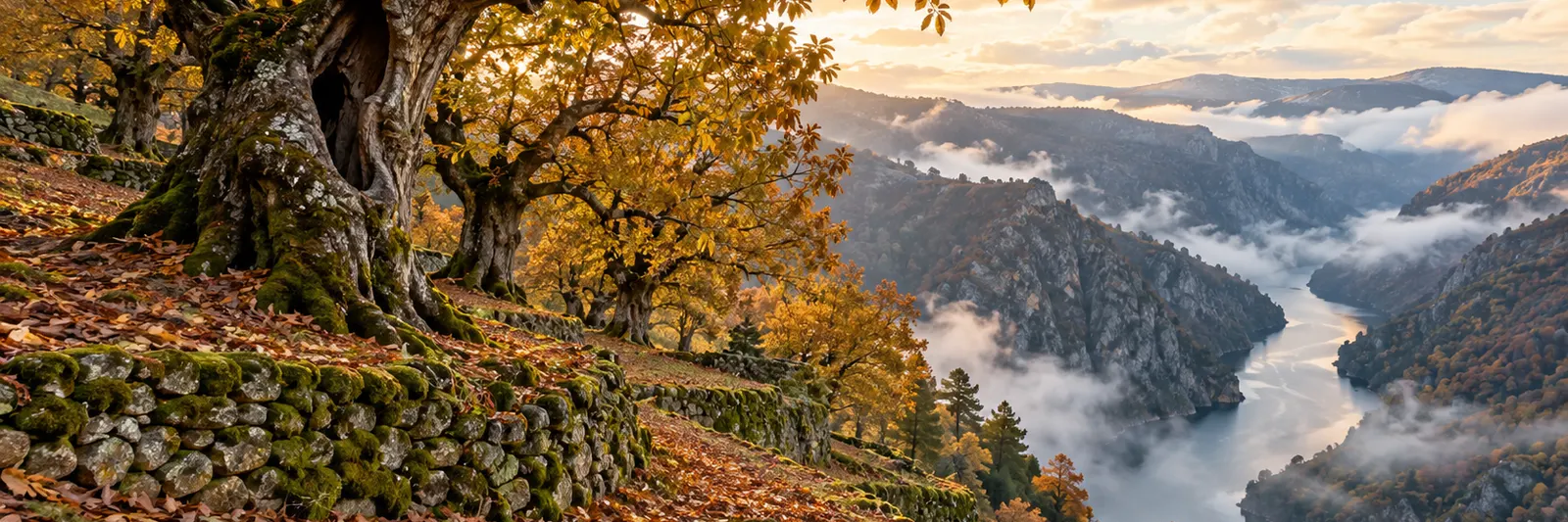 Souto de castaños centenarios sobre bancales de piedra cubiertos de musgo en la Ribeira Sacra, con el cañón del Sil lleno de niebla al fondo.