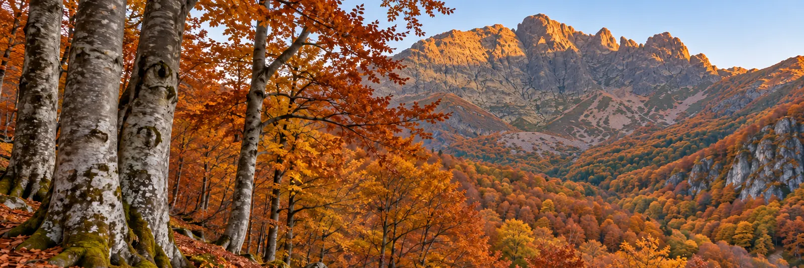 Hayedo de la Montaña Palentina en otoño, troncos grises sobre un manto de hoja cobriza, con la cresta del Curavacas iluminada por el primer sol.