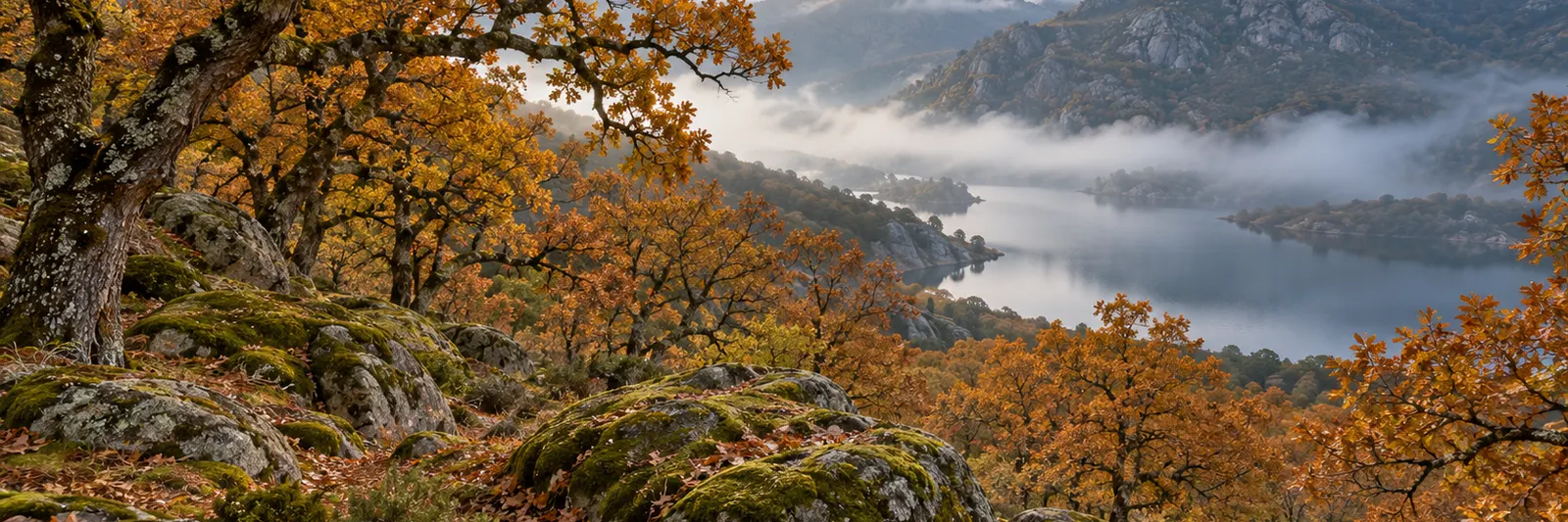 Rebollar de Sanabria en pleno otoño sobre bolos de granito con musgo, y el lago entre la niebla de la mañana.